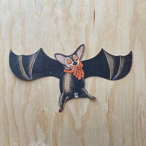 Vintage Halloween Wall Decor Bat w/ Bow and Movable Wings m/ in U.S.A Beistle